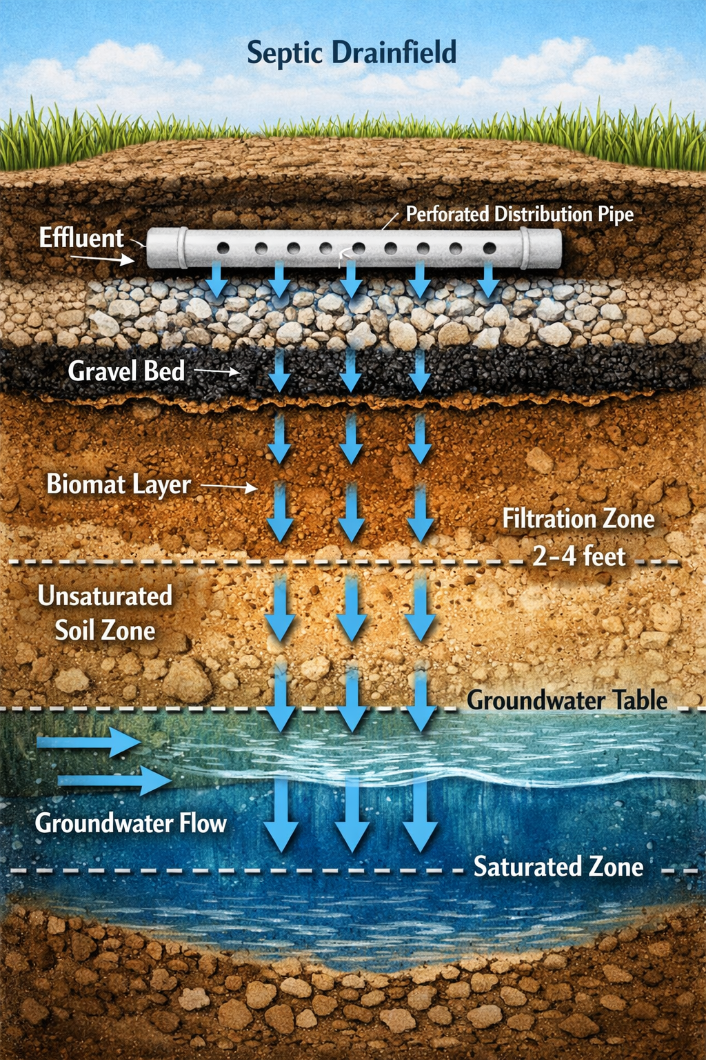 () detailed technical diagram showing septic effluent absorption process through soil layers. Cross-section view with