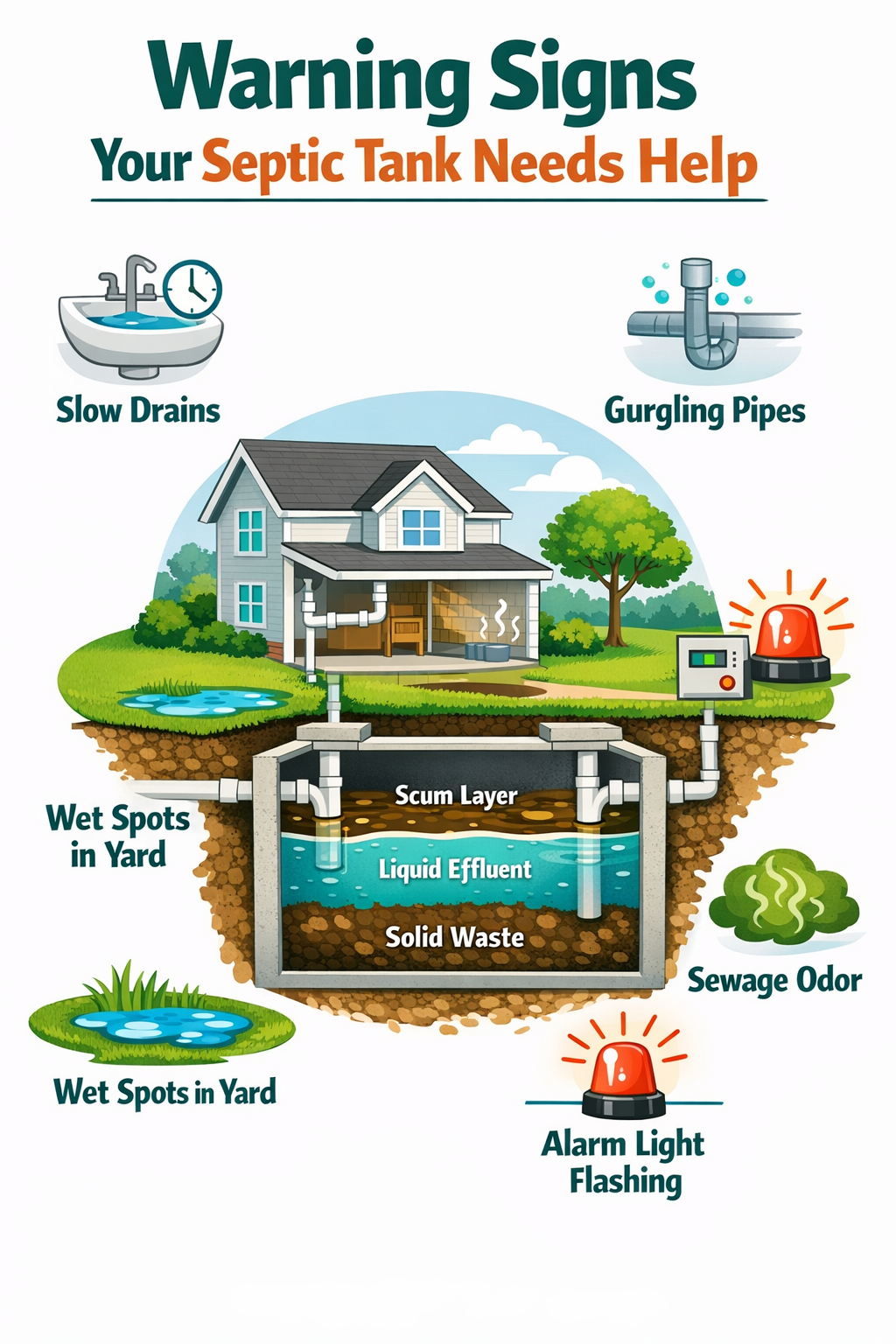 Portrait/Pinterest format () infographic-style illustration showing a split-view cross-section of a residential septic tank