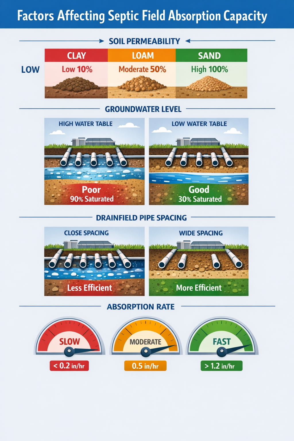 () infographic showing factors affecting septic field absorption capacity. Visual elements include soil permeability chart,