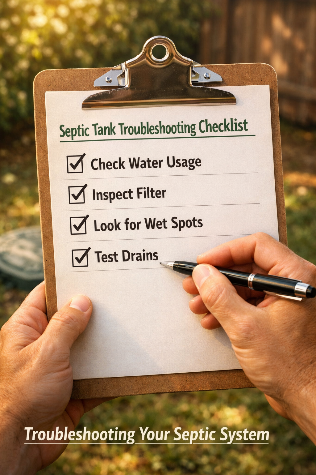 Portrait/Pinterest format () step-by-step checklist visual showing a homeowner's hand holding a clipboard with a 'Septic