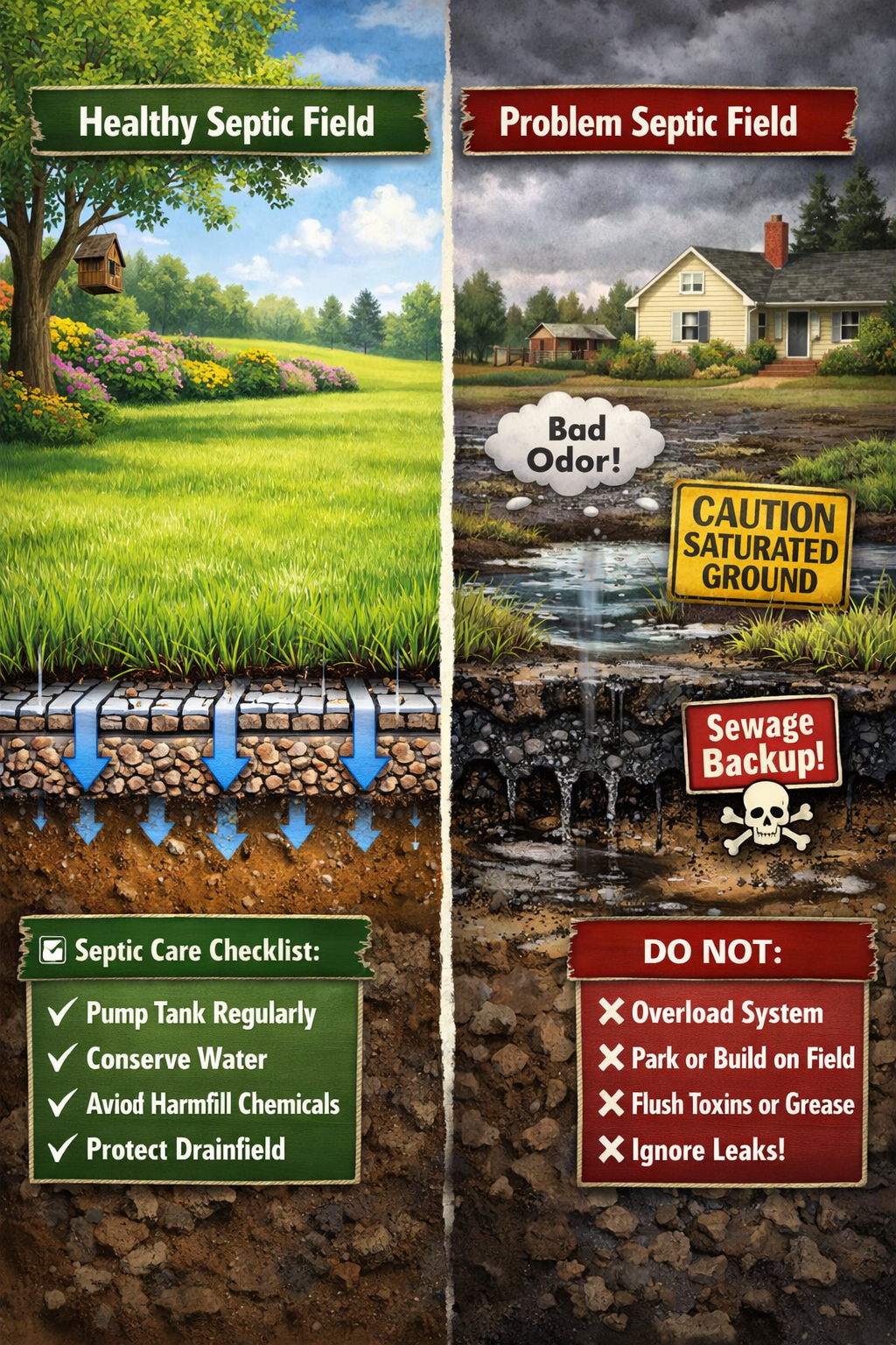 () maintenance illustration showing proper septic field care practices. Split-screen design showing healthy vs. problematic