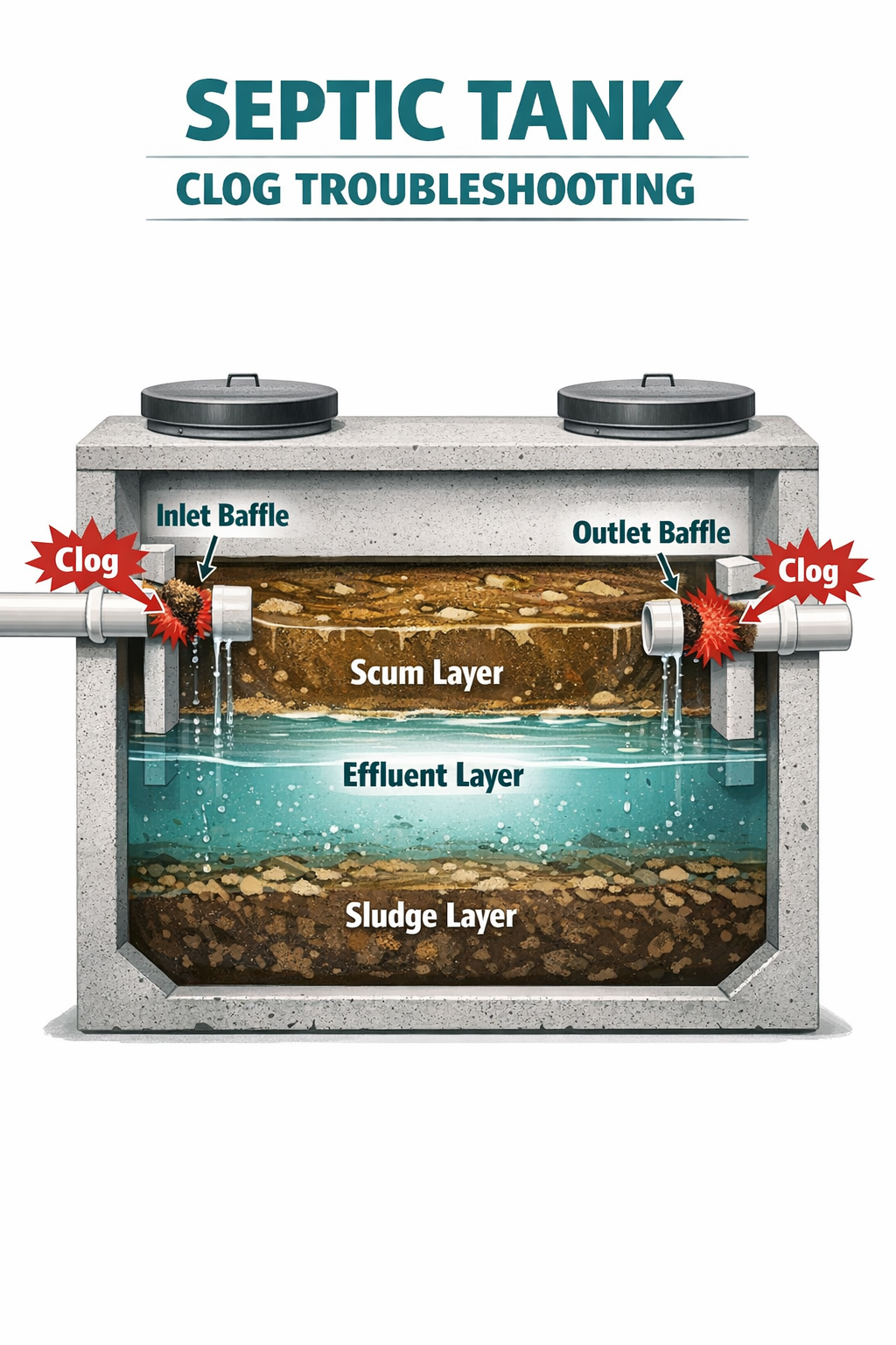 Portrait/Pinterest format () detailed infographic-style illustration showing a cross-section diagram of a residential septic