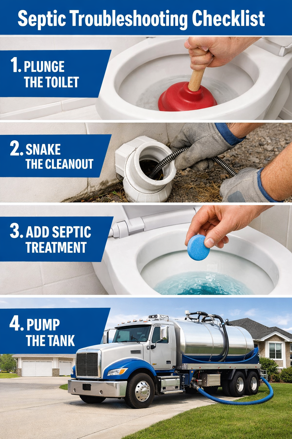 Portrait/Pinterest format () step-by-step visual checklist showing four distinct DIY septic troubleshooting steps: a plunger