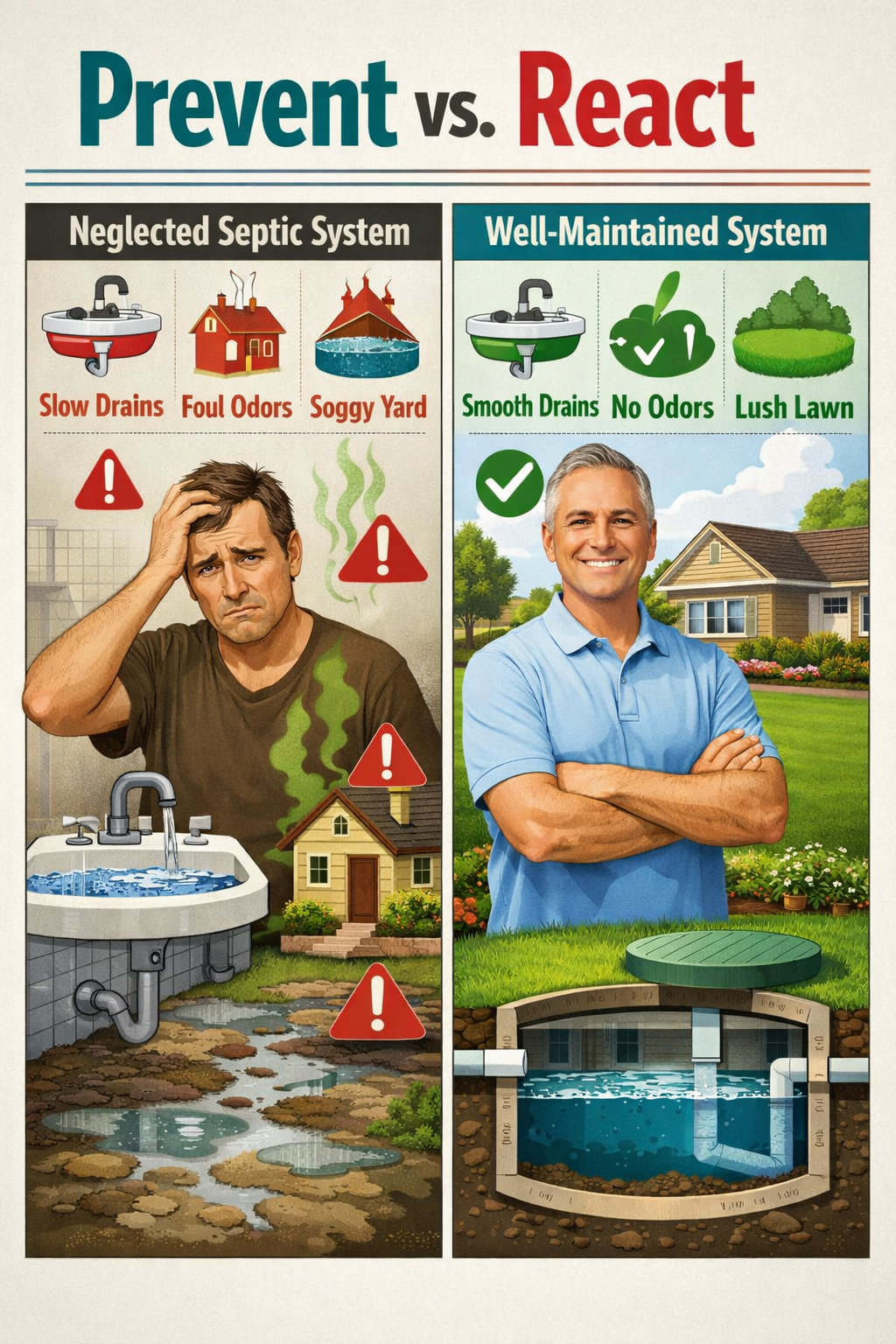 Portrait/Pinterest format () side-by-side comparison scene showing two scenarios: left panel depicts a neglected septic
